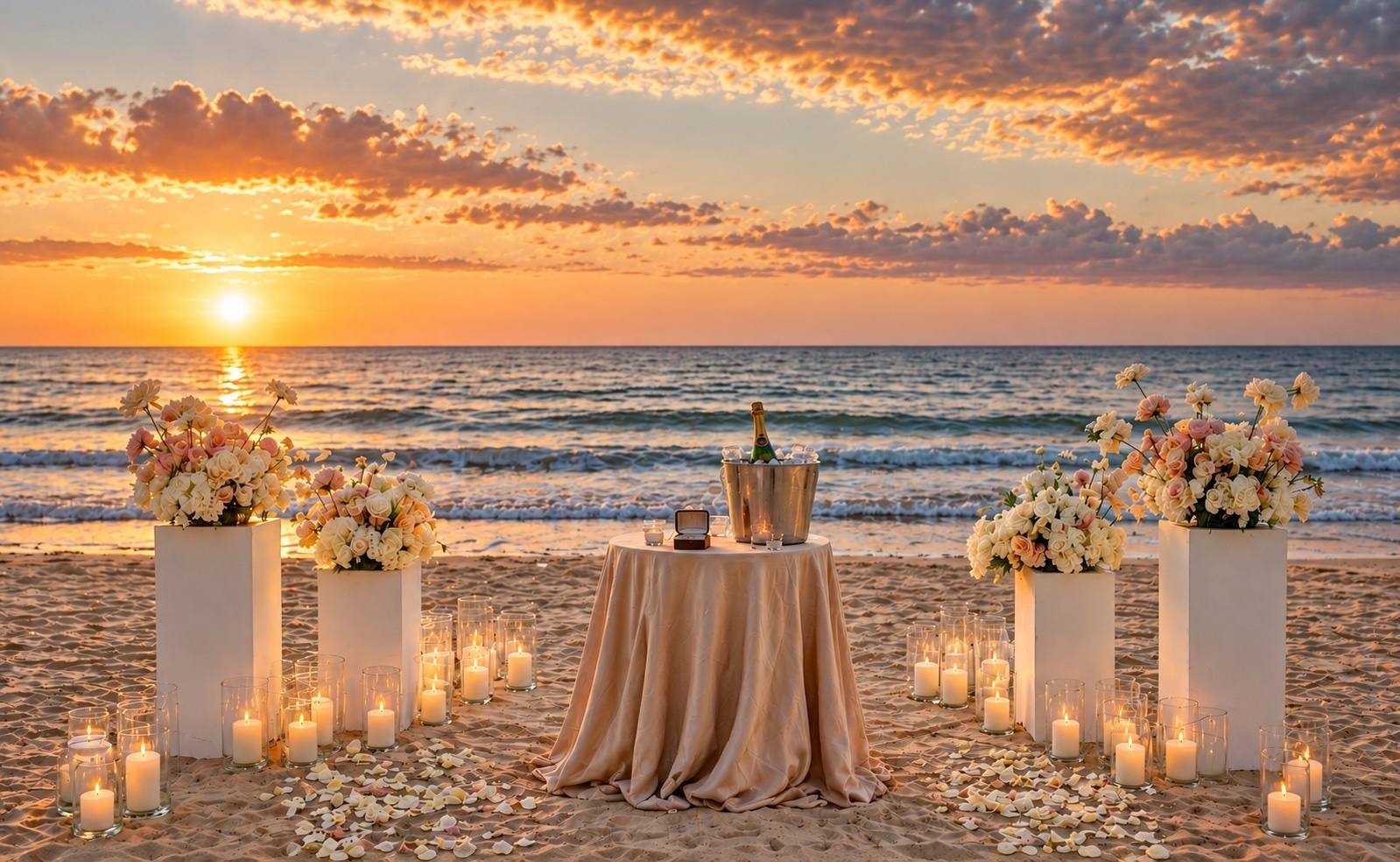 Round table set for two on the beach at sunset with pastel flowers on white pedestals and candles in the sand
