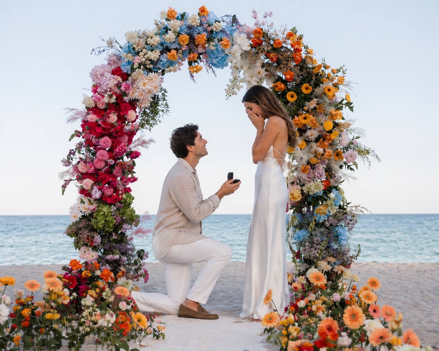 Man kneeling with a ring box under a floral arch in peach, blush and blue on the sand
